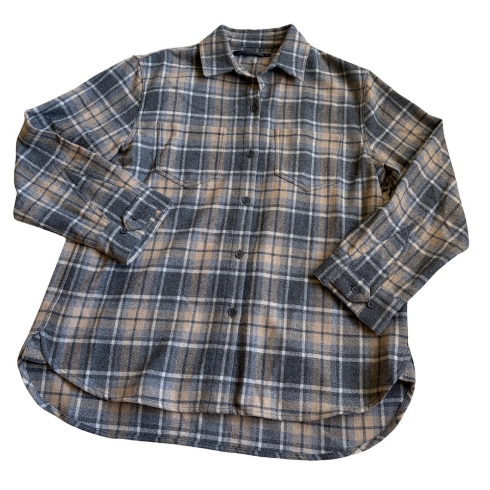 Jenni Kayne O’Keeffe Wool Blend Plaid Button-Down Shirt in Gray and Tan